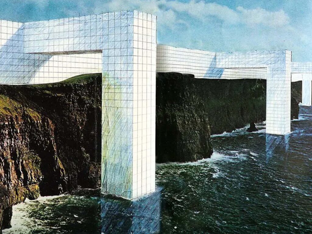 Der Niedergang des physischen Raums erinnert an die Entwürfe des Architekturbüros „Superstudio“: Anonyme Megastrukturen scheinen die physische Welt, wie wir sie kennen, überflüssig zu machen.